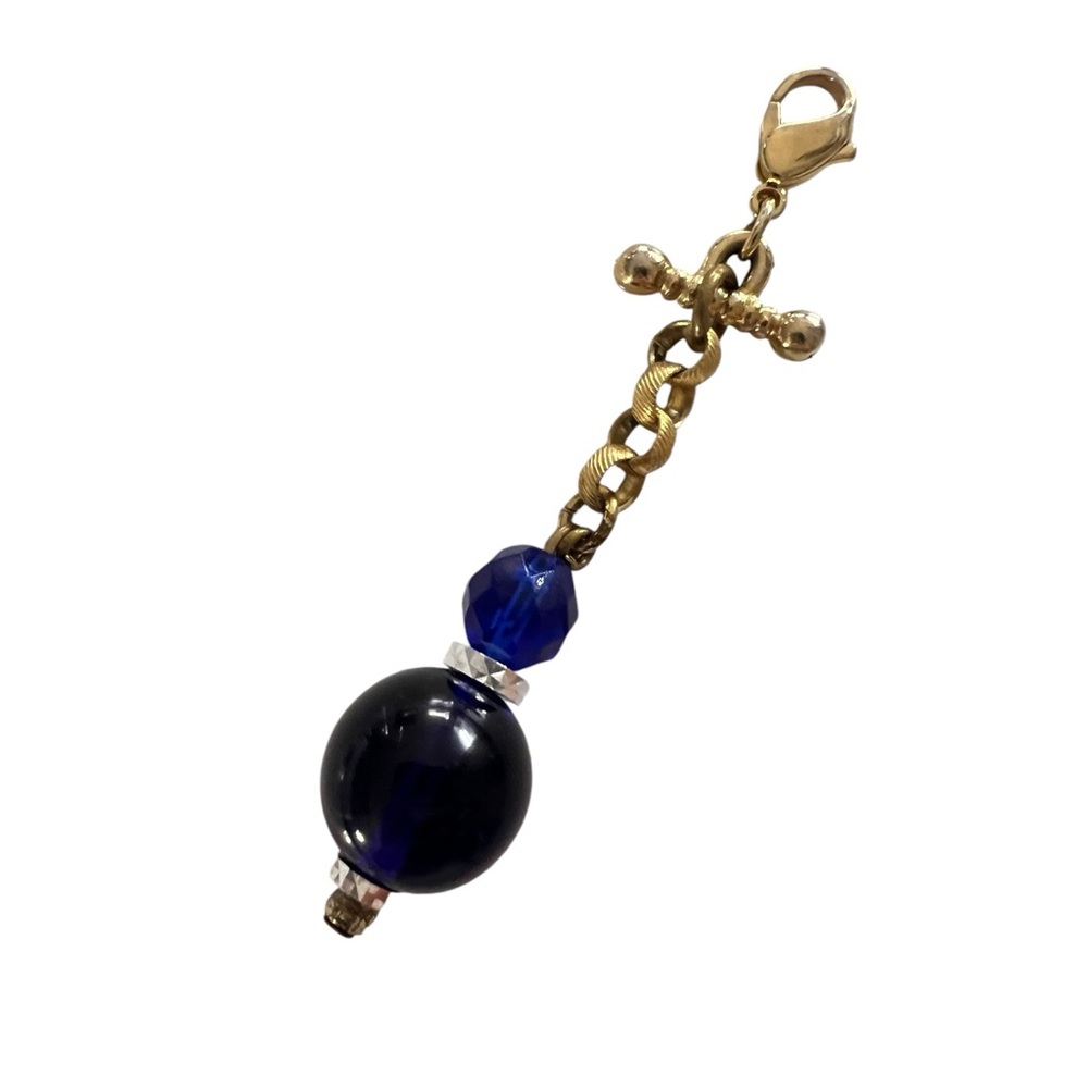 VINTAGE BAG KEYCHAIN CHARM Cobalt blue glass rhinestone detail gold-tone chain